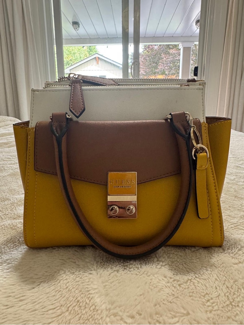 GUESS Tri-Color Satchel in Yellow, Brown & Cream